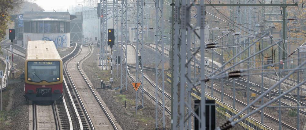 Eine S-Bahn fährt vom S-Bahnhof Karlshorst kommend in Richtung Ostkreuz.