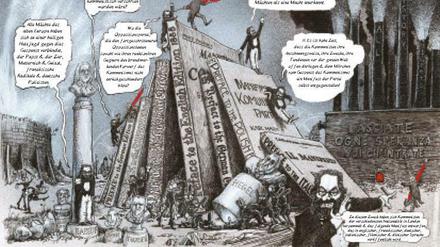 Rowson schickt Marx und Engels durch schaurige Panoptiken voller menschenzermalmender Fleischwölfe und Arenen gefüllt mit kämpfenden Maschinen.