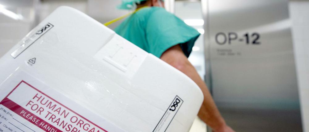 Ein Styropor-Behälter zum Transport von zur Transplantation vorgesehenen Organen wird am Eingang eines OP-Saales vorbei getragen.