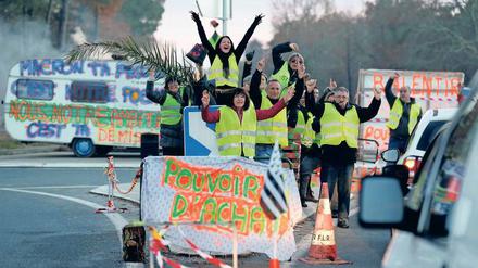Mit Zweig und Botschaft. In der französischen Provinz versammeln sich die Gilets Jaunes vor allem auf Kreisverkehr-Rondellen. Sie sind zur Begegnungsstätte geworden – wie hier in Cissac-Médoc. 