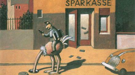 In Acryl: Ein Cartoon aus dem besprochenen Buch (für Komplettansicht auf Kreuz klicken).
