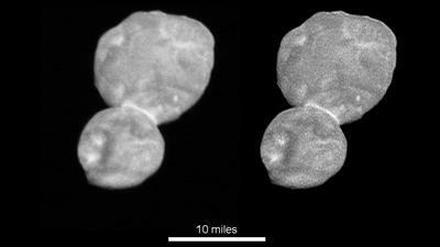 Zwillingsbrocken: Ultima Thule, links im Original-, rechts im rechnergeschärften Bild.