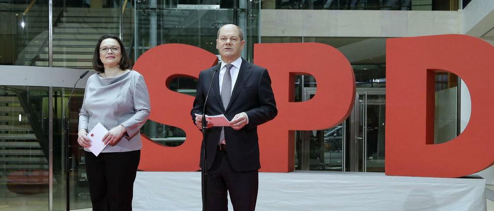 Andrea Nahles und Olaf Scholz im Willy-Brandt-Haus in Berlin.