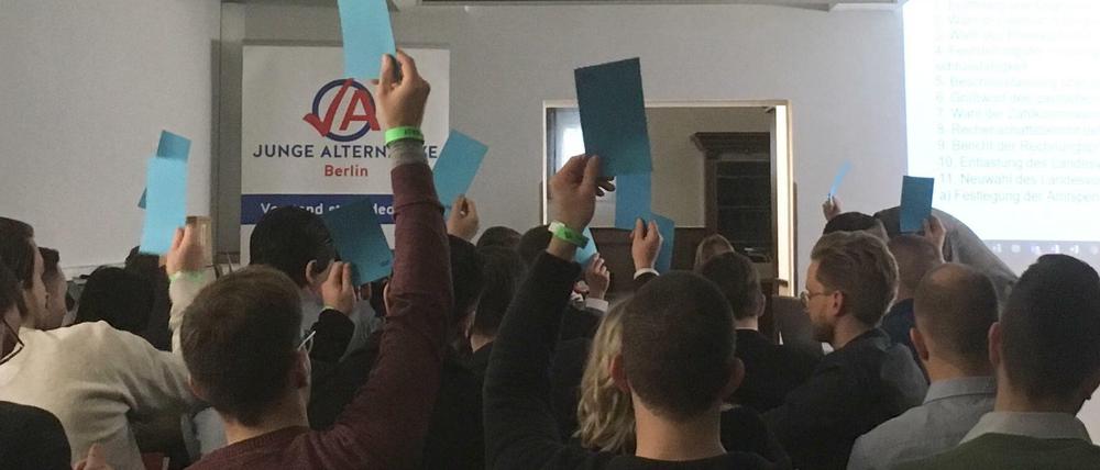 Karten hoch: Mitglieder der Jungen Alternative in Berlin.