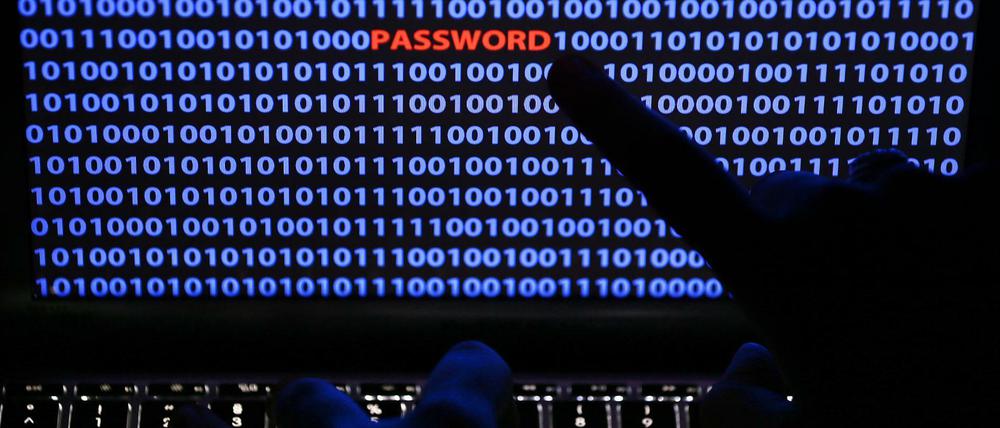 Ein Finger zeigt auf das Wort "Password", das zwischen Zeichen des Binärcode auf einem Computerbildschirm steht.