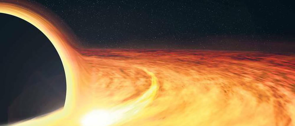 Kurz vorm Einlochen. Im Zentrum von Galaxien wie der Milchstraße vermuten Forscher supermassive schwarze Löcher, die selbst Sterne (hier einen weißen Zwerg) verschlucken. Das schlussfolgern Forscher aus der dabei entstehenden Strahlung. 
