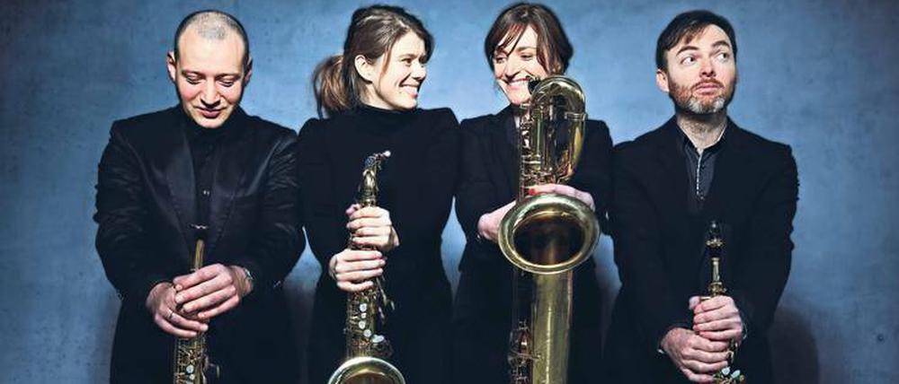 Vier von 14 Instrumentengrößen. Das Sonic Art Saxophonquartett.