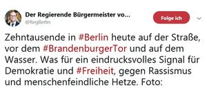 27. Mai 2018. Mit diesem Tweet lobte Müller die Großdemo unter dem Motto „Stoppt den Hass! Stoppt die AfD“