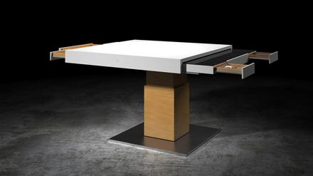 Das Design der Säule und die Ausmaße der Tischplatte lassen sich individuell variieren.