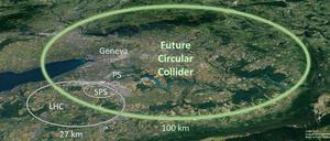 Die Teilchen, die künftig in dem geplanten Future Circular Collider (FCC) kreisen sollen, werden fast die vierfache Strecke durch den Schweizer Untergrund zurücklegen müssen. 