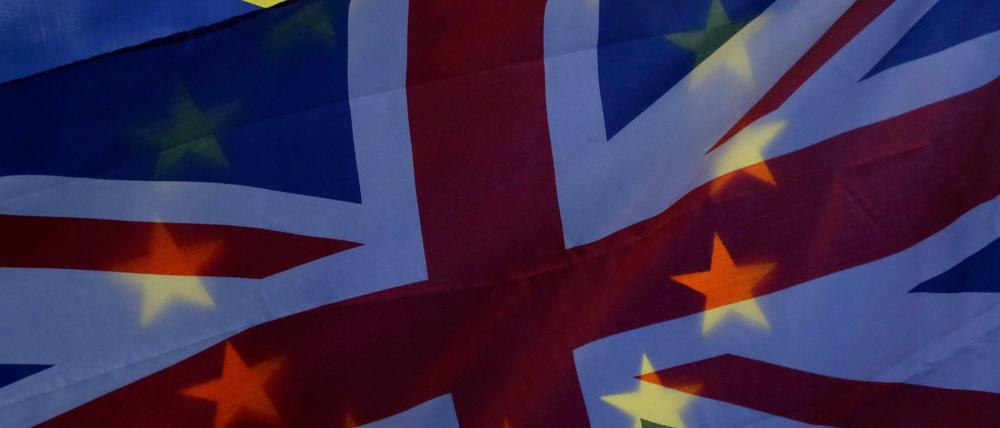 Großbritannien, London: Ein Demonstrant vor den Houses of Parliament, dem Westminster-Palast, schwenkt eine EU-Flagge und eine britische Flagge. 