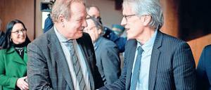 Zum letzten Mal und zum ersten Mal Verhandlungsführer: Verdi-Chef Frank Bsirske (li.) geht im September in Rente, der Berliner Finanzsenator Matthias Kollatz dagegen hat als Vorsitzender der Tarifgemeinschaft der Länder noch einige Tarifrunden vor sich. 