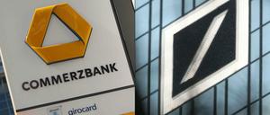 Schilder von Commerzbank und Deutscher Bank in Frankfurt am Main.