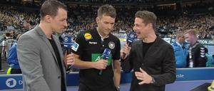 Handball-Experte Dominik Klein, Trainer Christian Prokop und ARD-Moderator Alexander Bommes.