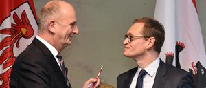 Brandenburgs Ministerpräsident Dietmar Woidke (SPD) und Berlins Regierender Bürgermeister Michael Mäüller (SPD) nach der gemeinsamen Kabinettssitzung ihrer beiden Landesregierungen.