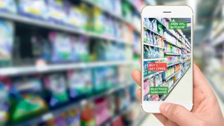 „Spare 25 Prozent, wenn du jetzt kaufst! Kaufe ein Produkt und erhalte eines umsonst! Bester Preis garantiert!“ In Zukunft könnten Kunden beim Einkauf Infos und Werbung aufs Smartphone bekommen.