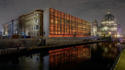 Palastschloss. "Warum denn nicht gleich so?" wird sich so mancher beim Blick auf diese Simulation für die Festivitäten zum Mauerfalljubiläum fragen.