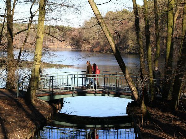 Sonne im Februar: Spaziergänger an der Krummen Lanke in Zehlendorf.