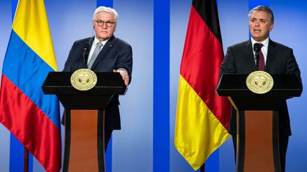 Bundespräsident Frank-Walter Steinmeier (l) und Ivan Duque Marquez, Präsident von Kolumbien, bei einer Pressekonferenz in Bogotá.