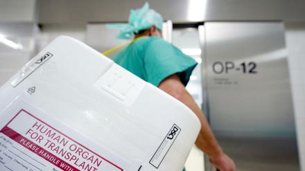 Ein Styropor-Behälter zum Transport von Organen am Eingang eines OP-Saales. 