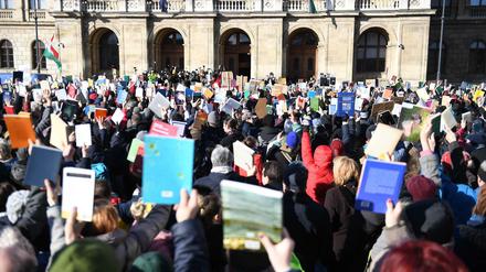 Proteste gegen die Wissenschaftspolitik vor der Akademie der Wissenschaften in Ungarn. Die Demonstranten halten Bücher hoch.