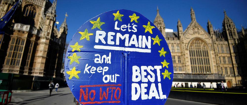 Vor dem Parlament in London haben Demonstranten ein Anti-Brexit-Schild aufgestellt.