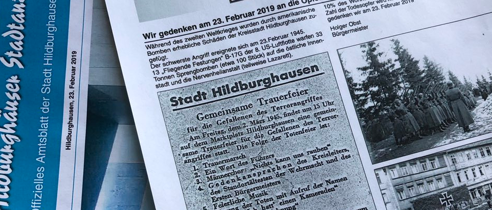 Zweimal "Ein Wort des Führers" - wie im Amtsblatt der Stadt Hildburghausen des amerikanischen Luftangriffs 1945 gedacht wird.