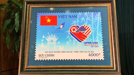 Eine Sonder-Briefmarke zum Gipfeltreffen von Trump und Kim
