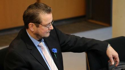 Andreas Wilde (AfD) mit einer Kornblume im Parlament. 