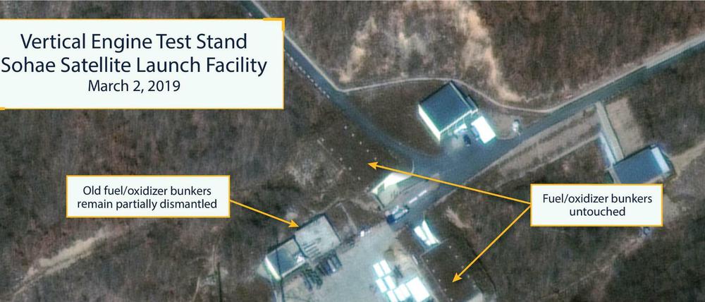 Ein CSIS-Satellitenbild soll zeigen, dass Raketentestanlagen-Strukturen auf der Sohae-Startrampe wieder aufgebaut werden.