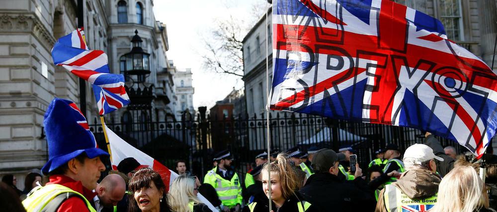 Die Befürworter des Brexit verlieren die Geduld. Sie demonstrieren vor der Downing Street, dem Regierungsitz von Theresa May.