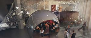 Ein erster Blick in die Berlin-Ausstellung im Humboldt Forum, im Hintergrund das Kaiserpanorama.