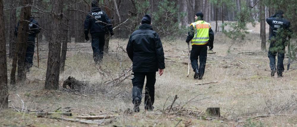 Polizisten durchsuchen ein Waldstück im Landkreis Oder Spree auf der Suche nach Rebecca.