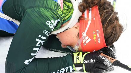Ausgelaugt im Ziel: Für Laura Dahlmeier hat es nicht zu Bronze gereicht.