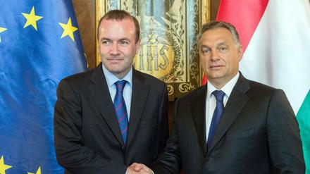 Viktor Orban mit EVP-Spitzenkandidat Manfred Weber (links) bei dessen Besuch in Budapest.