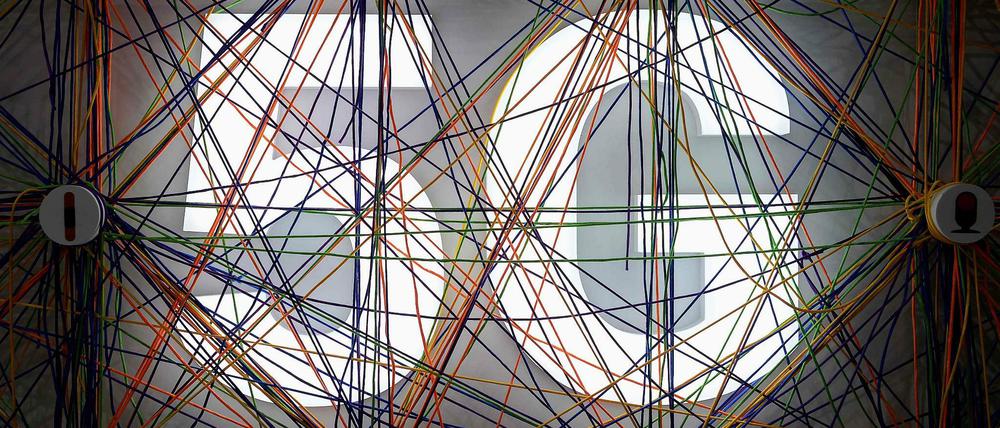 5G-Zeichen beim Mobile World Congress (MWC) in Barcelona.