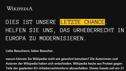 Ein Tag ohne Wikipedia. Am Donnerstag ist nur eine schwarze Startseite mit einem Protestschreiben zu erreichen.