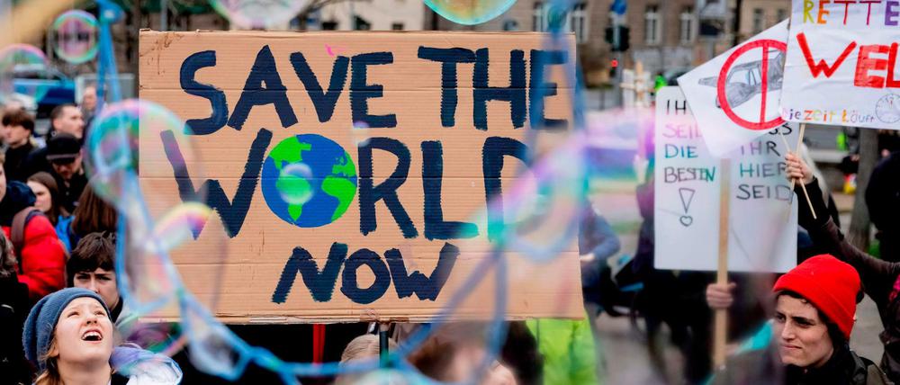Fridays-for-Future-Demonstration in Berlin., groß im Bild ein Plakat auf dem "Save the world now" steht.