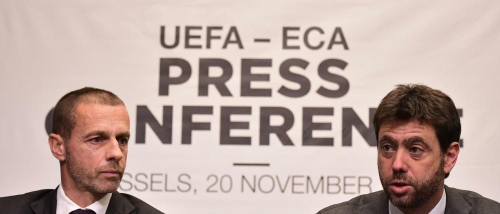 Diskussion. Aleksander Ceferin (l.) UEFA-Präsident, und Andrea Agnelli, Vorsitzender der ECA.