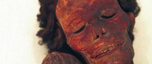 Eine Guanchen-Mumie von den Kanarischen Inseln im Anthropologischen Museum von Madrid. Die Guanchen stammen von den nordafrikanischen Berbern ab und wurden im 15. Jahrhundert von den Spaniern besiegt.