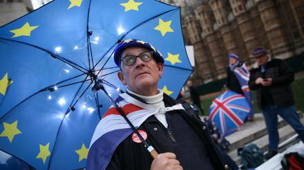 Ein Anti-Brexit-Demonstrant protestiert vor dem Unterhaus. 