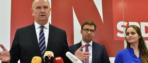 Dietmar Woidke, Landesvorsitzender, Erik Stohn, Generalsekretär in Brandenburg, und Maja Wallstein, Kandidatin für die Europawahl. 