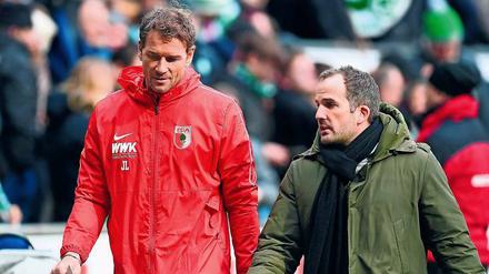 Auf dem Weg: Jens Lehmann (links) ist einer der vier Assistenten von Augsburgs Cheftrainer Manuel Baum (rechts).