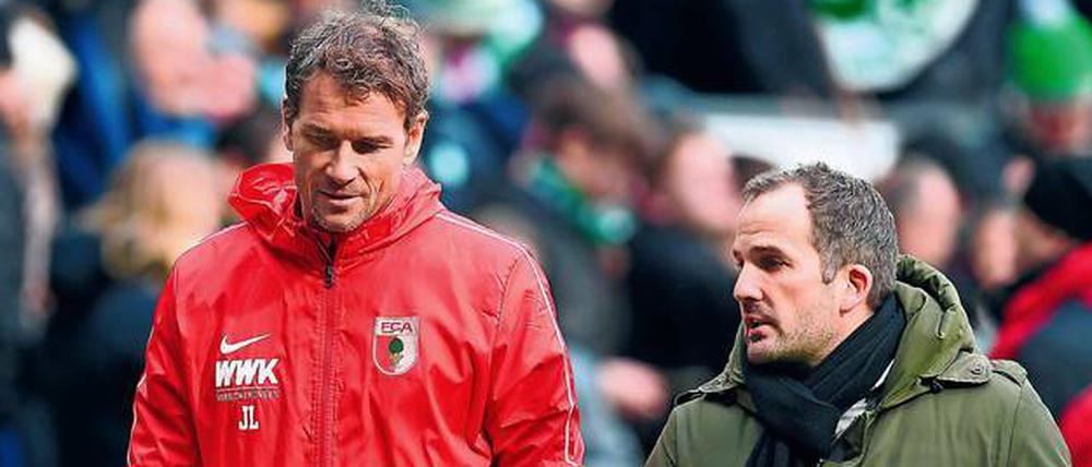 Auf dem Weg: Jens Lehmann (links) ist einer der vier Assistenten von Augsburgs Cheftrainer Manuel Baum (rechts).