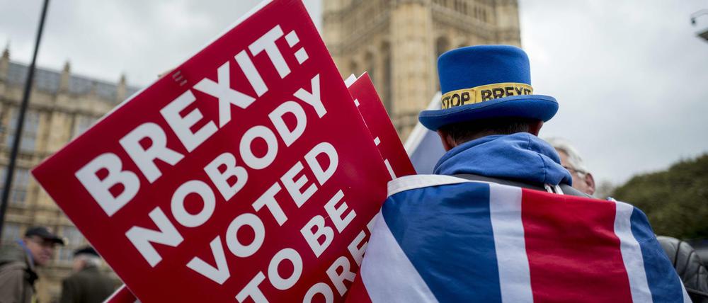 Ein Anti-Brexit-Demonstrant protestiert vor dem Unterhaus.