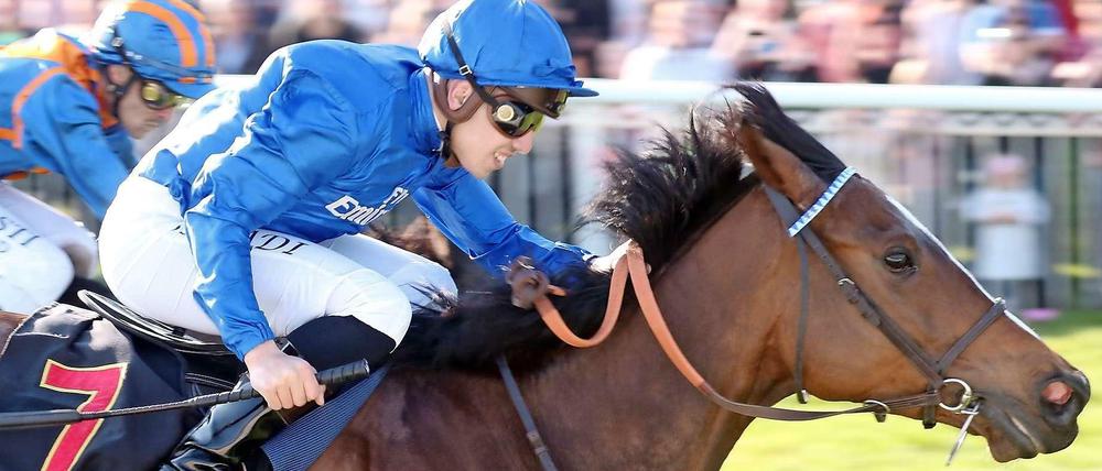 Das wird reichen: Jockey Soufiane Saadi ist sich seiner Sache auf der Siegerstute Fountain of Time kurz vor dem Ziel bereits sicher.