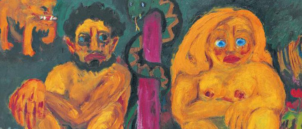 Und wie geht’s jetzt weiter? Adam und Eva sinnieren auf Emil Noldes Ölgemälde „Verlorenes Paradies“ aus dem Jahr 1921.