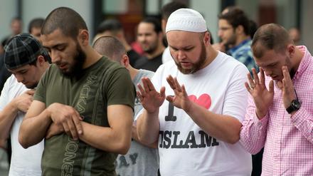 Anhänger des radikal-islamischen Predigers Pierre Vogel bei einer Demonstration in der Innenstadt von Frankfurt am Main.