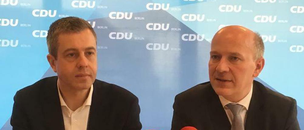 Stefan Evers (links) soll Generalsekretär der CDU Berlin bleiben, wenn Kai Wegner Landesparteichef wird.