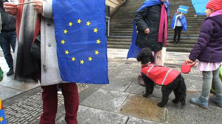  Auf dem Gendarmenmarkt trafen sich am Wochenende etwa 500 Menschen trotz Nieselwetters zur Kundgebung von „Pulse of Europe“. 